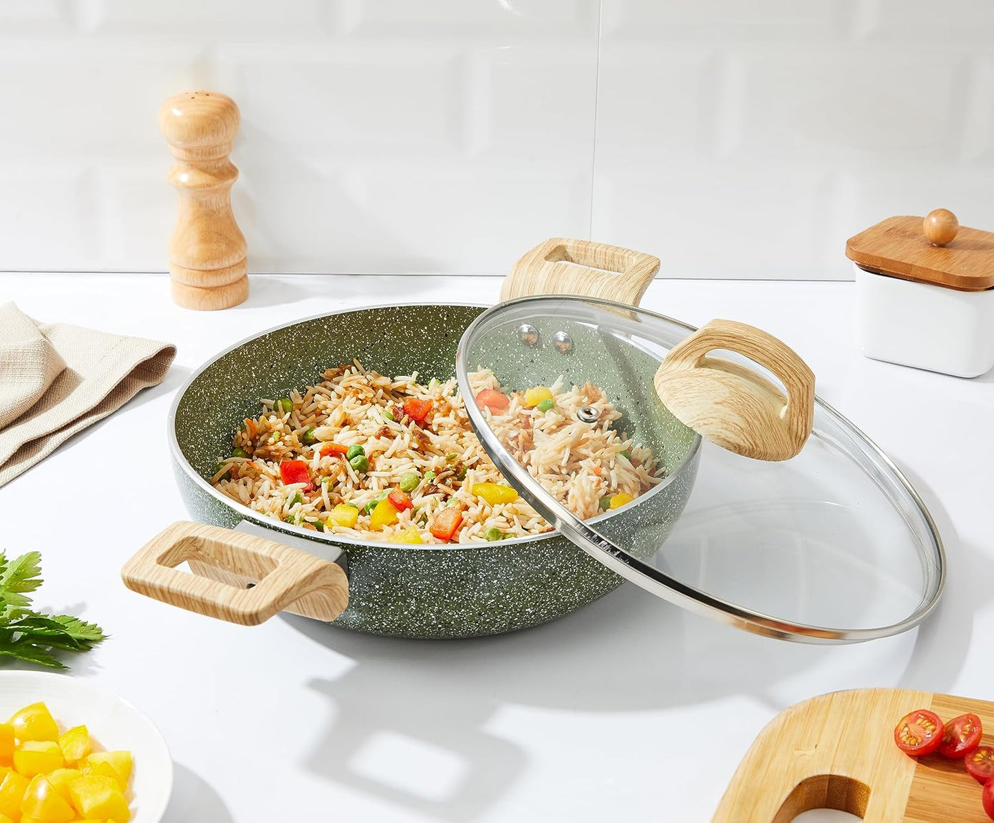 Granite Finish Non Stick 5 Pcs Induction Base Cookware Set- Granite Finish Olive Green (24cm Fry Pan, 24 cm Kadai, 28cm Tawa and 2 Nylon Spatulas)