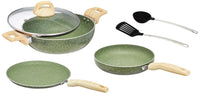 Granite Finish Non Stick 5 Pcs Induction Base Cookware Set- Granite Finish Olive Green (24cm Fry Pan, 24 cm Kadai, 28cm Tawa and 2 Nylon Spatulas)