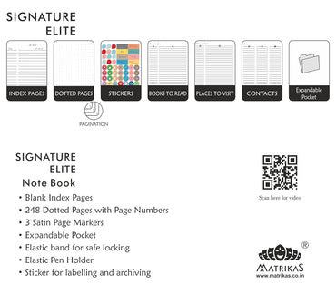 MatrikaS Signature Elite - Black : Blank Diary/Notebook , Perfect for Bullet Journaling , Dotted pages for Diary, Journaling , Planner , Calligraphy, etc., with stickers for creative writing and with beautiful covers.