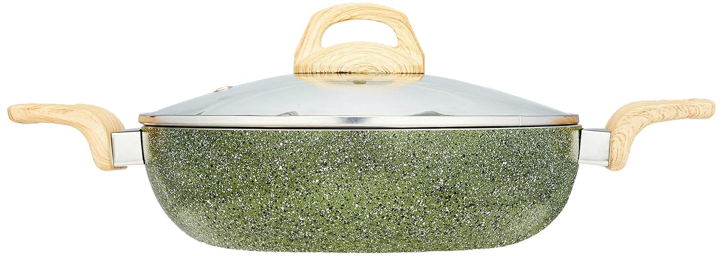 Granite Finish Non Stick 5 Pcs Induction Base Cookware Set- Granite Finish Olive Green (24cm Fry Pan, 24 cm Kadai, 28cm Tawa and 2 Nylon Spatulas)