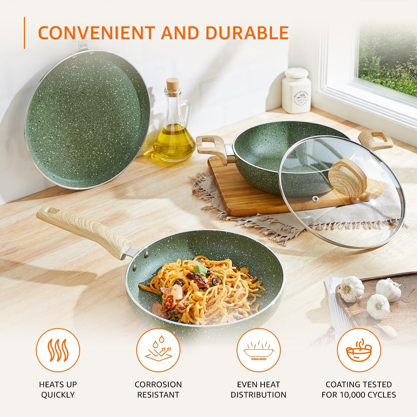 Granite Finish Non Stick 5 Pcs Induction Base Cookware Set- Granite Finish Olive Green (24cm Fry Pan, 24 cm Kadai, 28cm Tawa and 2 Nylon Spatulas)