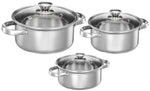 Solimo Set of 3 Stainless Steel Casseroles | Glass Lid | Flat Bottom | Dishwasher-Safe | 16 cm, 18 cm, 20 cm, 2.3 Liter, 3 Liter, 1.7 Liter