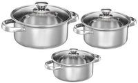 Solimo Set of 3 Stainless Steel Casseroles | Glass Lid | Flat Bottom | Dishwasher-Safe | 16 cm, 18 cm, 20 cm, 2.3 Liter, 3 Liter, 1.7 Liter