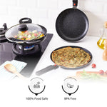 Solimo Aluminium 4 Piece Non-Stick Cookware Set with Detachable Handle | Granite Finish | Induction Base | Pfoa Free | HTR Exterior Coating | Black