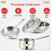 Kraft Futuretec Triply Stainless Steel Cookware Set | 4 Pc Triply Cookware Set | Kadai with Lid (22 cm, 3.2l), Frypan (22 cm), Saucepan (16 cm, 1.6L) | Gas, Induction, Oven Friendly | 5-Year Warranty