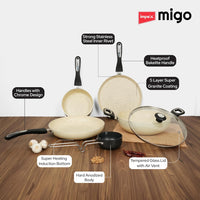 Impex 6 Pcs Nonstick Granite Cookware Set | 3 mm Thickness | Induction Bottom Cookware Set, Nonstick Cookware Set of Frypan, Kadai Pan, Tawa Pan, Tadka Pan and Milk Pan | 1 Year Warranty