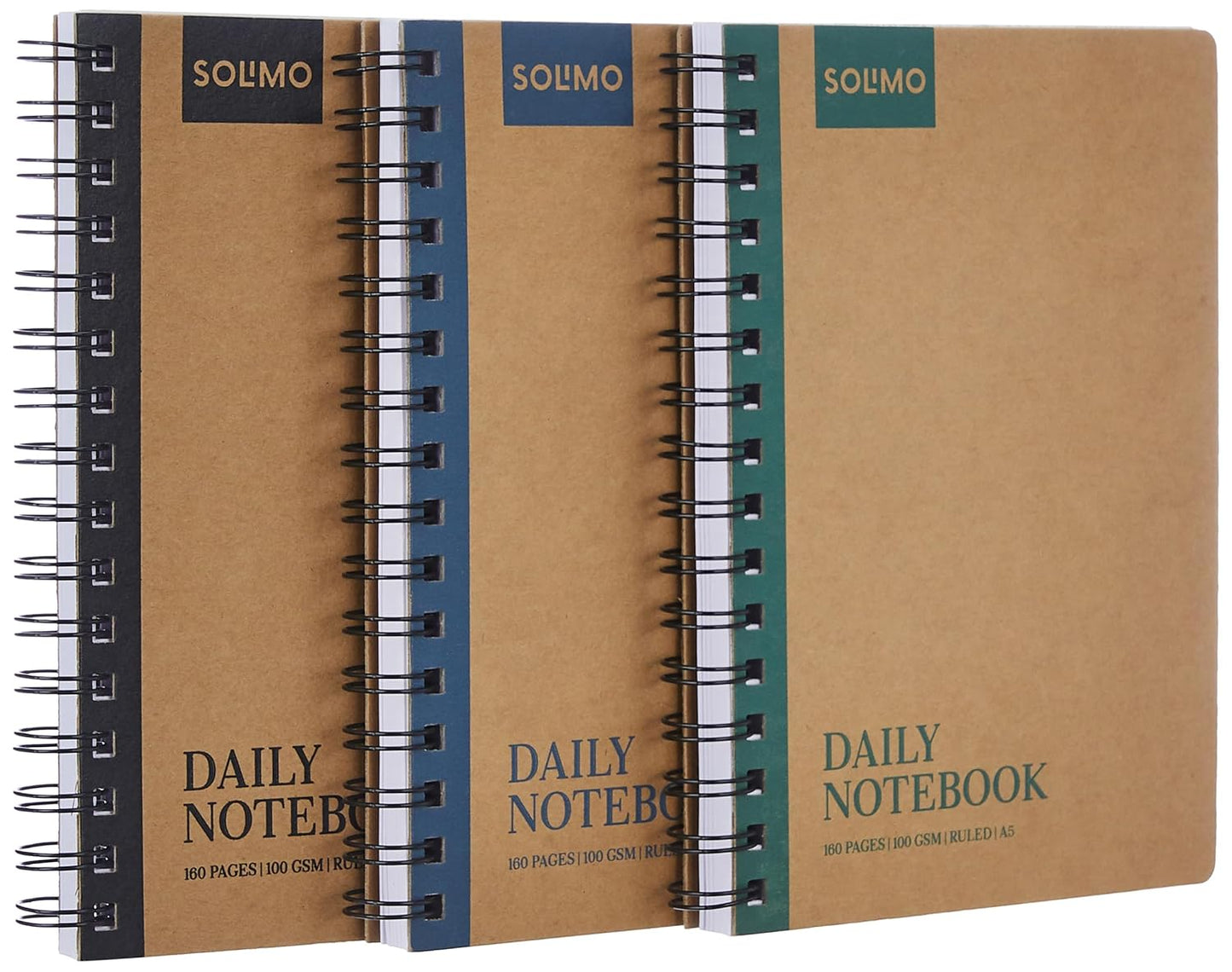 Solimo Notebooks, Spiral-Bound, Kraft Cover, Lightweight, Pleasing Designs (A5, 160 Pages, 100 GSM, Set of 3)
