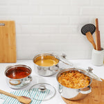 Solimo Set of 3 Stainless Steel Casseroles | Glass Lid | Flat Bottom | Dishwasher-Safe | 16 cm, 18 cm, 20 cm, 2.3 Liter, 3 Liter, 1.7 Liter