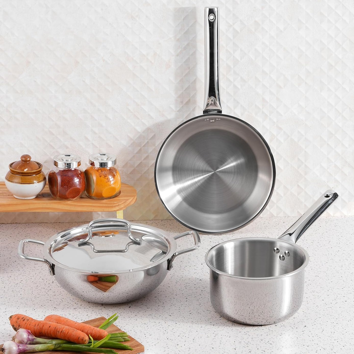 Kraft Futuretec Triply Stainless Steel Cookware Set | 4 Pc Triply Cookware Set | Kadai with Lid (22 cm, 3.2l), Frypan (22 cm), Saucepan (16 cm, 1.6L) | Gas, Induction, Oven Friendly | 5-Year Warranty