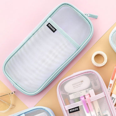 Elegious Net Pencil Pouch Durable, Stylish & Spacious Organizer for Pens, Pencils, and Small Accessories Ideal for School, Office, and Travel Pack of 1 (NET SkyBlue Pouch)