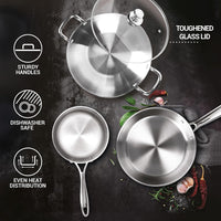 MILTON Pro cook Triply Induction Base Cookware Set Of 3 Stainless Steel |Sauce Pan 14 Cm, Fry 24 Kadhai Cm With Glass Lid Silver | Dishwasher Safe Food Flame