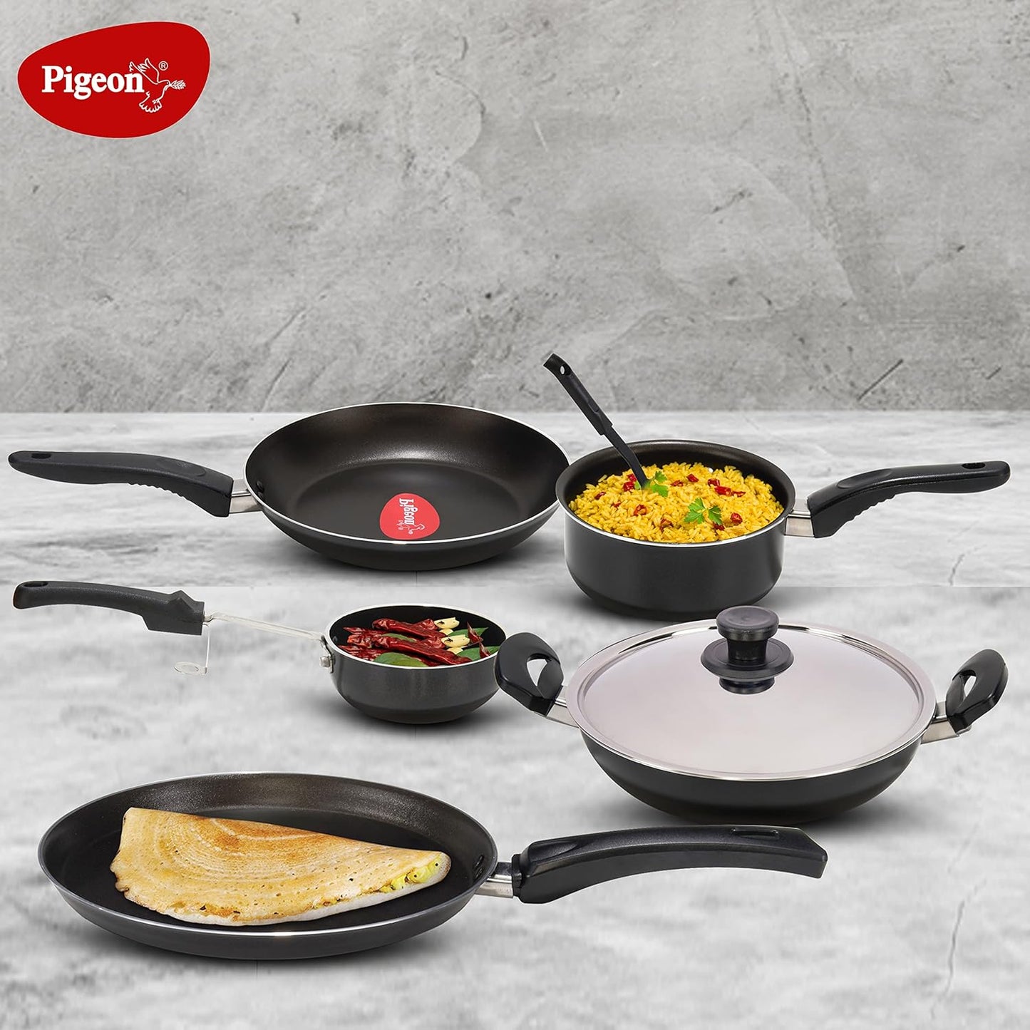 Pigeon Favourite 7 Piece Gift Set Non-Stick Coated Comes with Fry Pan, Kadhai, Lid, Sauce Pan, Spatula, Tadka Pan and a Tawa - Gas Stove Compatible (Black)