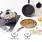 Solimo 6 Piece Non-Stick Cookware Set | Granite Finish | Induction Base | PFOA Free | HTR Exterior Coating | 25cm Tawa, 22 cm Kadai, 22cm Fry Pan, 1 Glass Lid & 2 Nylon Spatulas | Grey