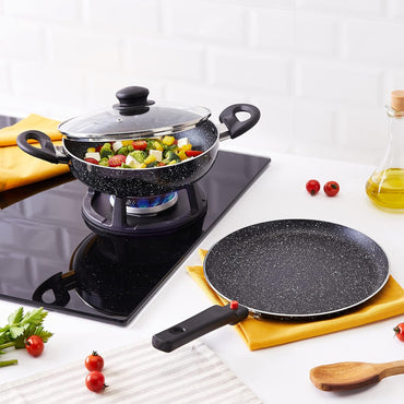 Solimo Aluminium 3 Piece Non-Stick Cookware Set Detachable Handle |Granite Finish | Induction Base | Pfoa Free | High Temperature Resistant Exterior Coating | Black