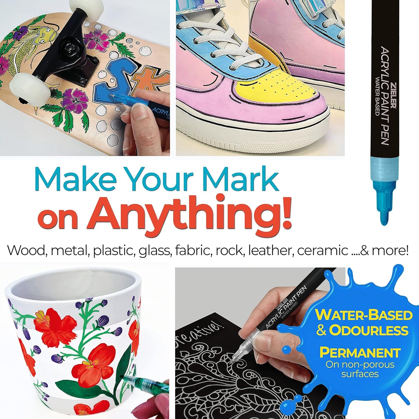 Zieler 12 Acrylic Paint Pens for Rock Painting, Ceramic, Porcelain, Glass, Stone, Pebble, Fabric, Wood & DIY Mug Design Permanent Water-based Marker Pens (Vibrant Colours, Medium Tip - 2.5mm)