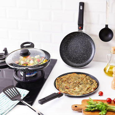 Solimo Aluminium 6 Piece Non-Stick Cookware Set with Detachable Handle| Granite Finish | Induction Base | Pfoa Free | HTR Exterior Coating | Black