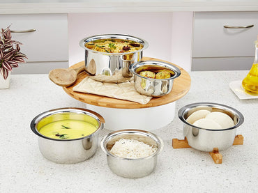 Solimo Stainless Steel Tope Set (5 pieces, 420 ml , 550 ml, 840 ml, 1150 ml and 1550 ml, Induction and Gas compatible)