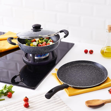 Solimo Aluminium 3 Piece Non-Stick Cookware Set|Granite Finish|Induction Base|Pfoa Free|High Temperature Resistant Exterior Coating|25 Cm Tawa,22 Cm Kadai,1 Glass Lid|Grey