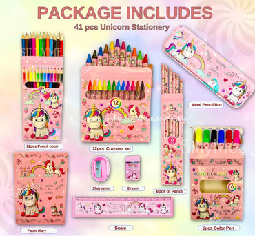 SILLYME 41 pcs Mega Unicorn Stationery Set for Girls - Birthday Gift for Girls - Metal Geometry Box for Girls, Pencil Colour Sets., Unicorn Diary, Crayon, Skech pens, Pencil Eraser Scale