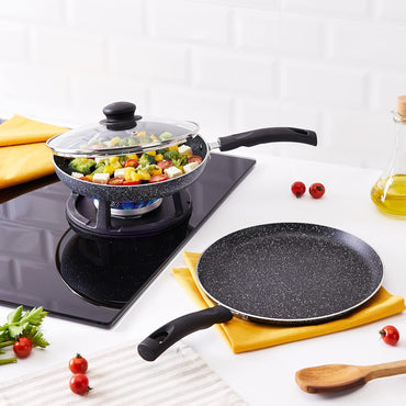Solimo Aluminium 3 Piece Non-Stick Cookware Set|Granite Finish|Induction Base|Pfoa Free|High Temperature Resistant Exterior Coating|25 Cm Tawa,22 Cm Fry Pan,1 Glass Lid|Grey