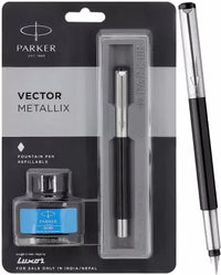 PARKER Vector Metallix Stainless Steel, Fine Nib With Quink Ink Bottle Fountain Pen  (Ink Color - Blue)