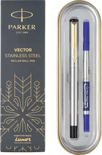 PARKER Vector Stainless Steel, Gold Trim Roller Ball Pen  (Ink Color - Blue)