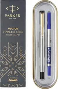 PARKER Vector Stainless Steel, Gold Trim Roller Ball Pen  (Ink Color - Blue)